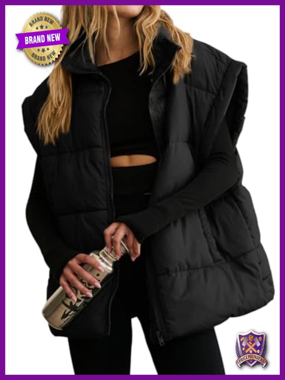 Oversized Quilted Puffer Vest Stand Collar Sleeveless Winter
